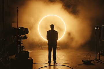 A classic film noir-style studio scene with a soft halo of yellow light.