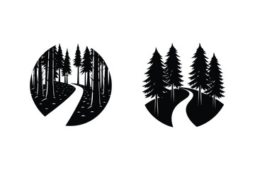 Black And White Forest Road Icon Set Evergreen Trees Silhouettes Isolated