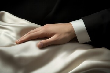 Obraz premium Elegant hand resting on luxurious silk fabric, showcasing fine details and textures
