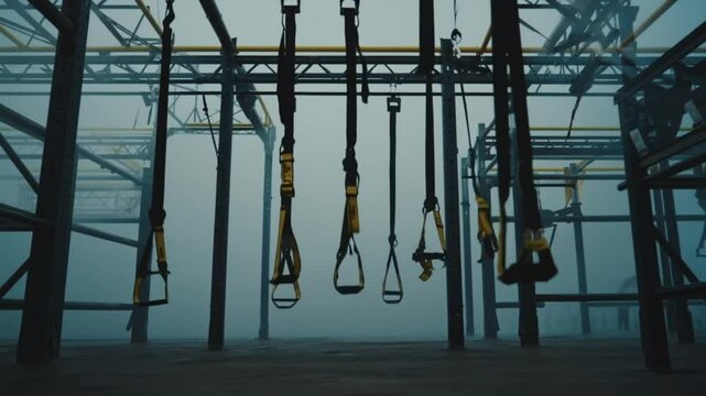 Slow side pan past TRX bands swaying gently, subtle ambient gym clatter in background, overhead spotlight casting detailed shadows across the bands and floor 