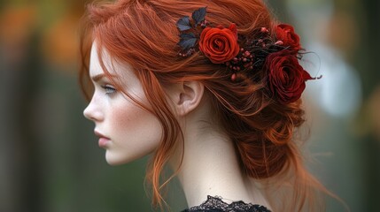 Naklejka premium Woman with red hair and floral headpiece