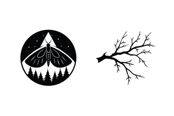 Black Moth Silhouetted Against Night Sky And Bare Branch Illustration
