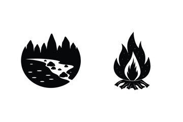 Vector Illustration Set Featuring Nature And Campfire Elements In Black And White