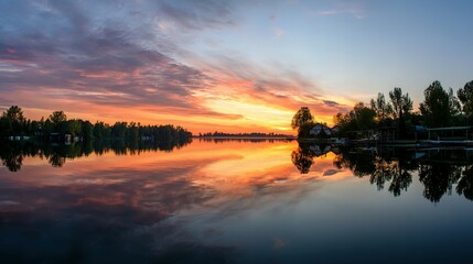 Obraz premium Serene lake panorama at sunset with vibrant sky reflections.