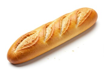 A single baguette with diagonal cuts on a white background showing the crust and soft interior bread part