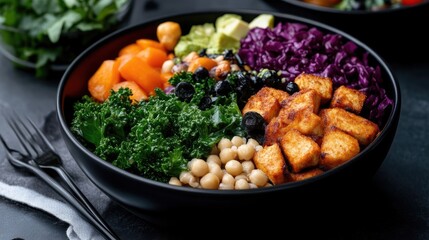 Colorful and nutritious plant-based bowl with roasted tofu, roasted vegetables, chickpeas, and greens