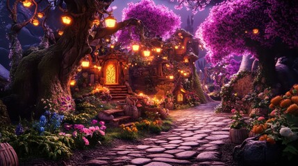Fototapeta premium A mystical, enchanted village nestled amongst glowing trees.