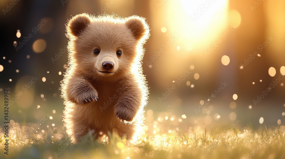 Poster fluffy bear cub joyfully runs through sunlit meadow, surrounded by glowing bokeh. warm sunlight highlights its soft fur, creating magical and heartwarming scene