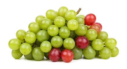 A bunch of green grapes with a few red grapes scattered throughout on a plain white background image
