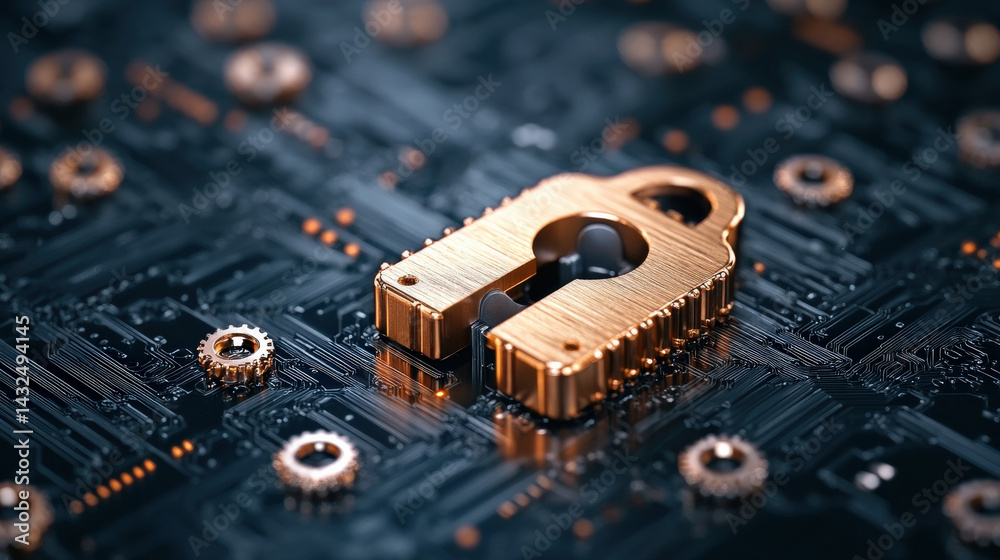 Poster golden lock symbol on circuit board represents digital security and data protection, highlighting importance of safeguarding information in connected world