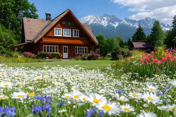 Mountain Cabin Blooms: Daisies & Alpine Views