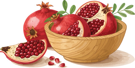 Pomegranate in bowl with Pomegranate Slice in white background, Pomegranate vector design