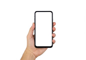 A hand holding a black smartphone with a blank white screen against a plain white background studio shot