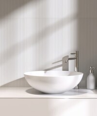 White round washbasin on vanity cabinet counter in bathroom with soap dispenser, towel in sunlight on wainscot wall for modern, luxury beauty, cosmetic, skincare, body care background 3D