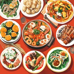 Top View Of Delicious Asian Cuisine Dishes On A Red Tablecloth Background