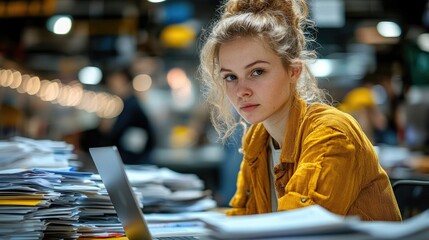 Young woman working amidst paperwork