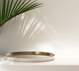 Modern round shiny gold podium plate on white table counter, sheer curtain in sunlight on wall for luxury organic fashion, beauty, cosmetic, skincare, body care product display background 3D