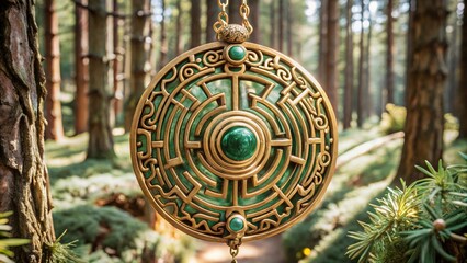 Fototapeta premium Ornate green and gold labyrinth artifact hangs mysteriously in a vibrant, lush green forest setting