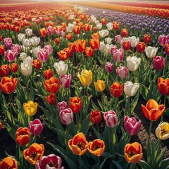 A field of tulips in rainbow colors, white background