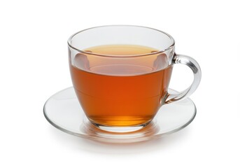 A clear glass cup filled with tea sitting on a clear glass saucer on a white background surface area