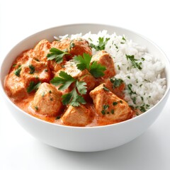Chicken tikka masala with rice in bowl on white background
