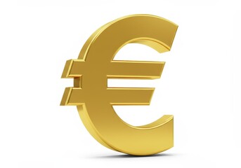 A golden euro symbol standing upright on a white surface casting a small shadow underneath it alone