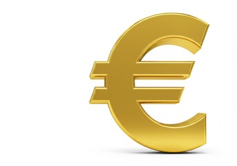 Fototapeta premium A golden euro symbol standing on a white surface with a slight shadow and a plain white background