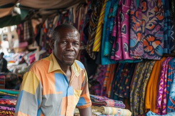 Man Standing in Front of Fabric Stall in Market