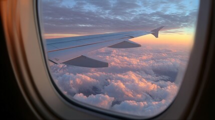 Fototapeta premium View from the window of an airplane, wing in view, clouds and sky in the background, beautiful sunset