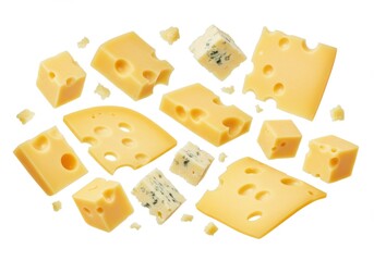 Assorted cheese cubes and slices, including swiss and blue cheese, floating on a white background
