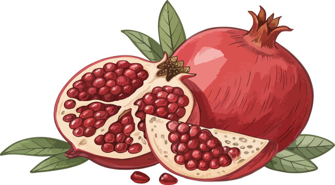 red pomegranate fruit, cut open, leaves clip art preview