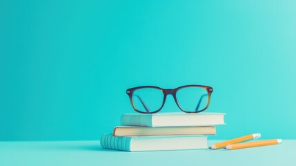 Study essentials with stacked books, pencil, and eyeglasses on turquoise background representing learning and education