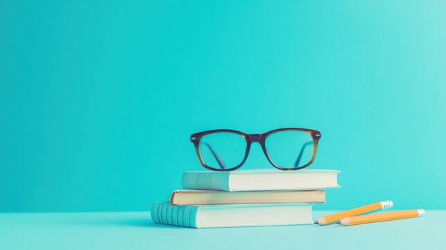 Study essentials with stacked books, pencil, and eyeglasses on turquoise background representing learning and education