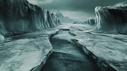 Frozen river flowing through a glacial valley under a dramatic sky