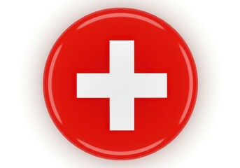 Fototapeta premium A glossy red button with a white cross in the center, resembling the swiss flag, is isolated on a white background