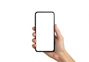 Hand holding a modern smartphone with a blank white screen on a clean white background in a vertical position