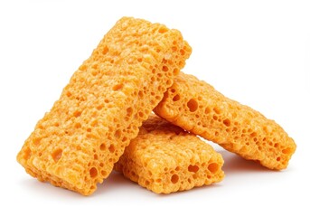 Three golden rice cereal treats stacked on a white surface with a porous texture and sweet flavor
