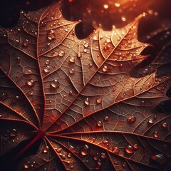 Fototapeta premium Close up of a veiny maple leaf with glistening raindrops