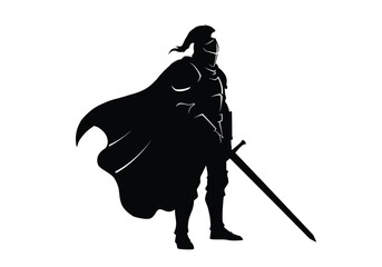 Fototapeta premium Knight silhouette. This image shows a black silhouette of a knight in full armor holding a sword, symbolizing medieval chivalry and warfare. Vector clipart illustration design.