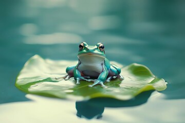 Colorful Frog Floating in Blue Pond