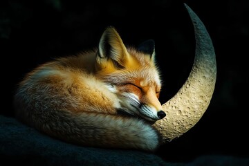 Fototapeta premium Sleeping Fox on the Crescent Moon