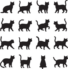 set of cats silhouettes. simple, black silhouette illustrations of cats in different postures.