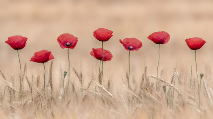 Naklejka premium Red Poppies Bloom in Wheat Field