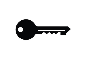 House key silhouette. This image shows a black silhouette of a house key with a simple design, featuring a jagged edge and a round handle. Vector clipart illustration design.