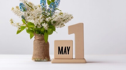 May 1st Image of may 1 wooden color calendar on white background 