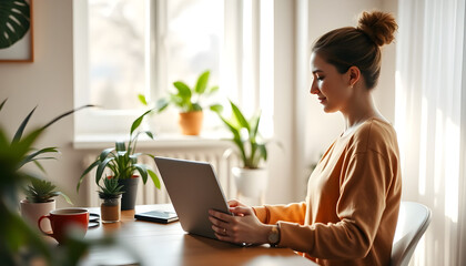 Fototapeta premium Woman working from home on laptop computer in bright office space with plants and coffee cup nearby