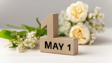 May 1st Image of may 1 wooden color calendar on white background 