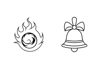 Line Art Of Fire And Christmas Bell On Isolated White Background