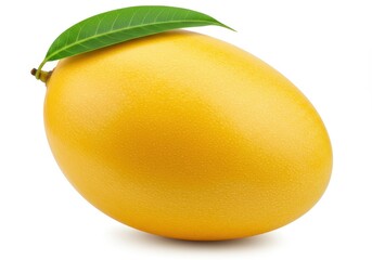 A single yellow mango with a green leaf attached, isolated on a white background in a studio shot