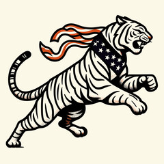 tiger wear american flag running. Funny Animal Vector Clip art. Feline clothes usa banner sprint.